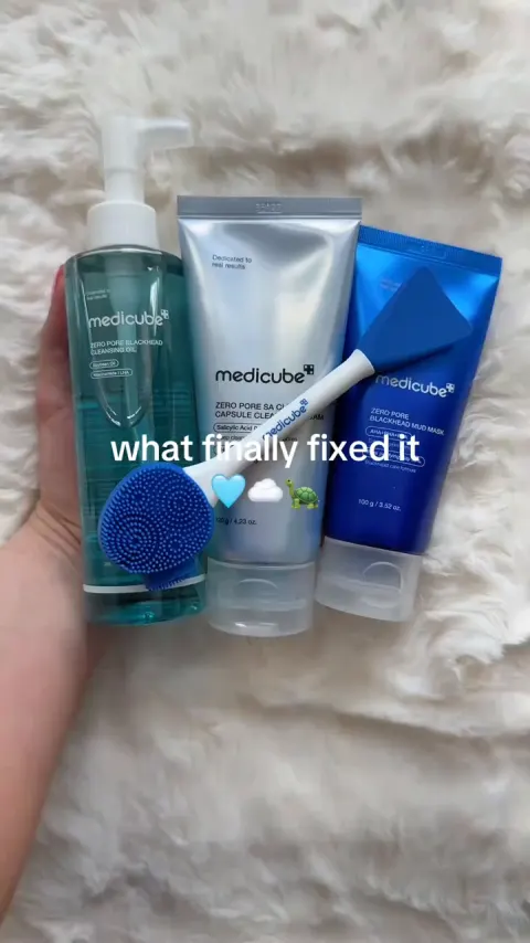 Three medicube products held over a fur rug, captioned what finally fixed it