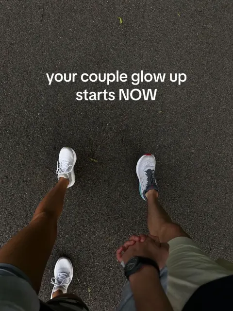Two pairs of sneakers on a sidewalk with the text your couple glow up starts NOW